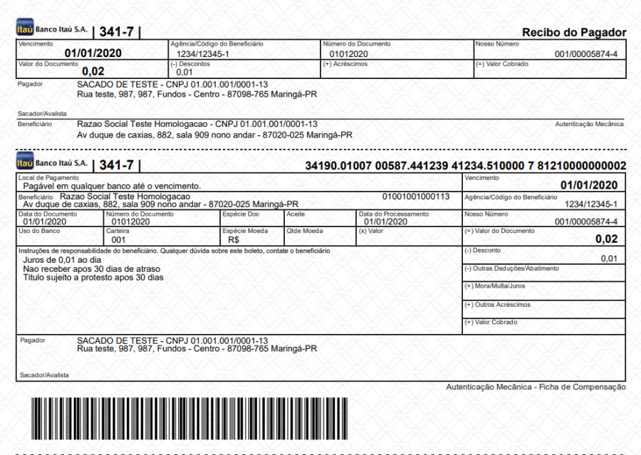 Um boleto bancário brasileiro do Banco Itaú S.A. com o layout clássico de boleto, detalhes do beneficiário e do pagador, código de barras, valor do pagamento R$ 0,02 e seções para autenticação e informações de processamento.