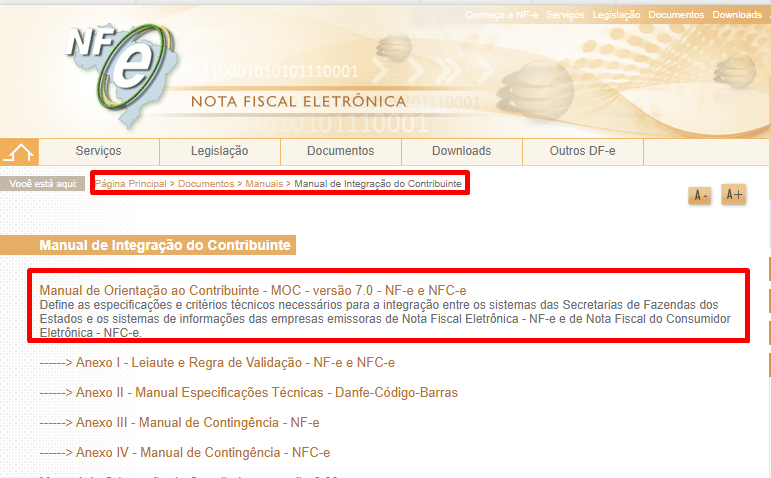 Captura de tela de uma página da web intitulada “Nota Fiscal Eletrônica”, mostrando uma seção destacada sobre o “Manual de Orientação do Contribuinte” e links de navegação na parte superior.