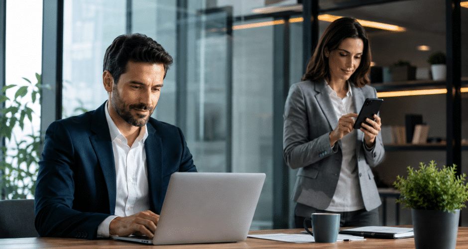 Dois profissionais de negócios em um escritório moderno; um homem digita em um laptop à mesa, talvez gerenciando tarefas com o Certificado Digital na Nuvem, enquanto uma mulher ao fundo verifica seu smartphone; ambos vestem ternos. São visíveis plantas e elementos da decoração do escritório.