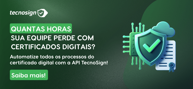Banner verde e branco da Tecnosign apresentando um escudo com uma marca de verificação, nuvem e ícones de documentos. O texto promove a automação na renovação de certificado digital para economizar tempo. O botão diz "Saiba mais!" no canto inferior esquerdo.