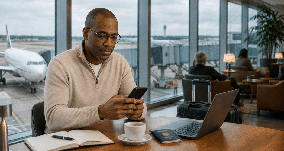 Um homem está sentado à mesa de um lounge do aeroporto com um laptop, um caderno, um café e o passaporte, olhando para o celular — talvez verificando uma transação da Pix Internacional. Ao fundo, avistam-se aviões e janelas.