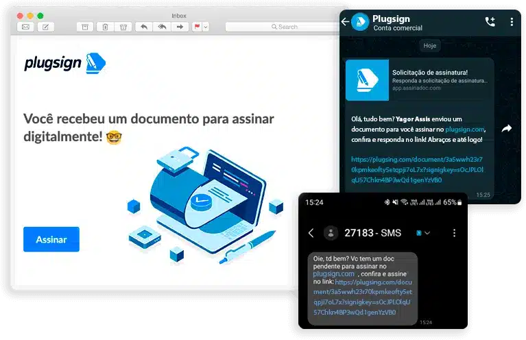 Uma notificação de assinatura de documento digital da Plugsign, apresentando sua API de assinatura eletrônica, é exibida em uma tela de computador e celular. As mensagens solicitam que o destinatário assine um documento on-line, com links fornecidos por e-mail e SMS.