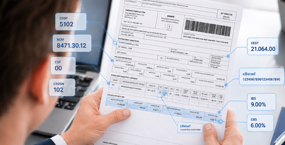 Pessoa segurando uma nota fiscal ou fatura impressa com números e códigos fiscais destacados, como CFOP 5102, NCM 8471.30.12 e várias alíquotas. O fundo mostra um laptop, sugerindo um ambiente de negócios ou de escritório.