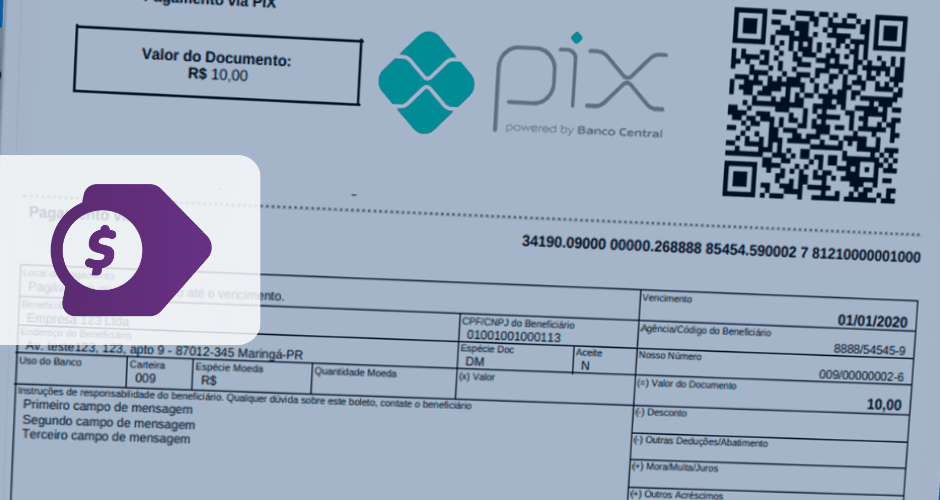 Imagem de um boleto híbrido com QR Code para pagamento Pix.