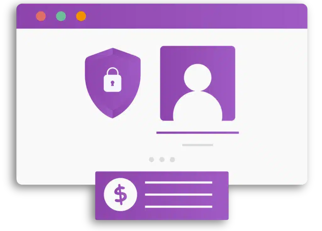 Uma ilustração estilizada de uma janela do navegador da web mostrando um ícone de perfil, um escudo de segurança com um cadeado e um pop-up com um cifrão, representando Consulta de Crédito e pagamento on-line seguro ou proteção de conta.