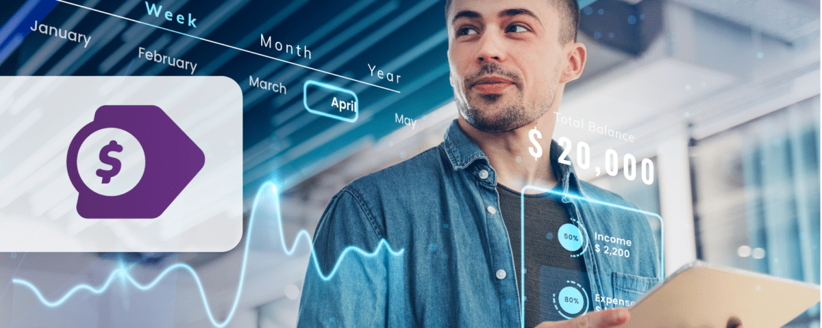 Um homem segura um tablet, cercado por sobreposições digitais de uma API financeira mostrando estatísticas financeiras, gráficos e um saldo total de $ 20.000. Um calendário destaca abril, com dados de renda exibidos. O cenário é moderno e focado em tecnologia.