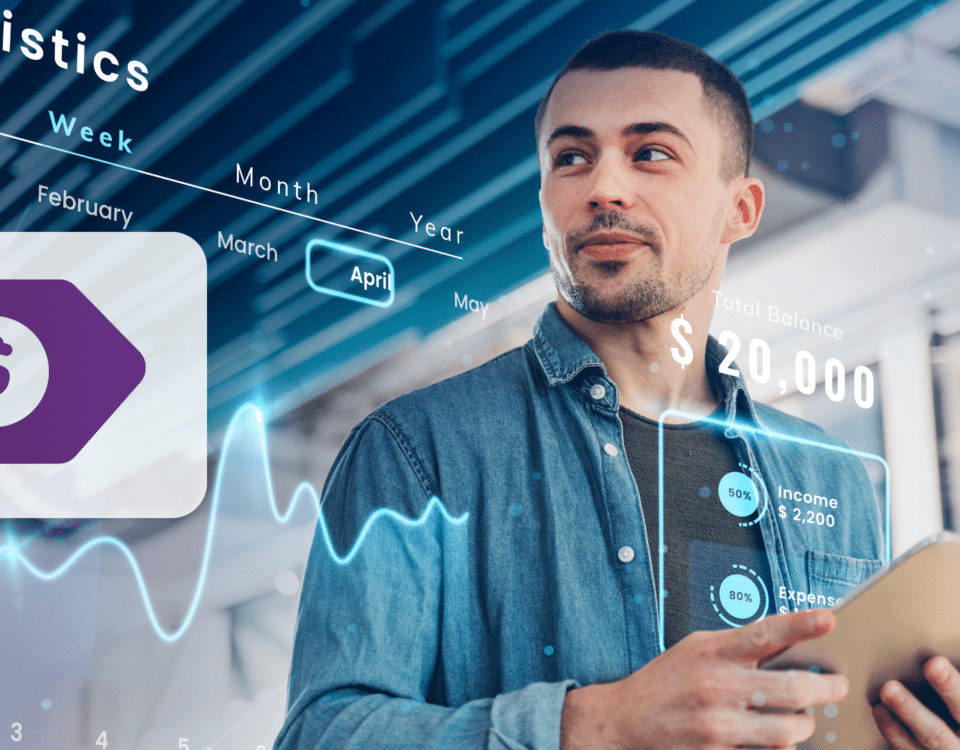 Um homem segura um tablet, cercado por sobreposições digitais de uma API financeira mostrando estatísticas financeiras, gráficos e um saldo total de $ 20.000. Um calendário destaca abril, com dados de renda exibidos. O cenário é moderno e focado em tecnologia.