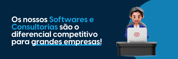 Ilustração 3D de uma pessoa sentada em uma mesa com um laptop. O texto em português diz: "Os nossos Softwares e Consultorias são o diferencial competitivo para grandes empresas!" O cenário, azul escuro com detalhes em azul claro, sugere mudanças na reforma tributária.