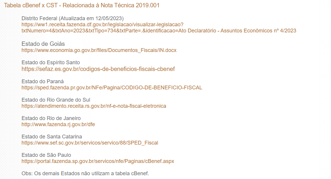 Captura de tela de uma página da Web que exibe uma lista de estados brasileiros com os códigos cBenef correspondentes e links para documentos e recursos relacionados a impostos, denominada "Tabela cBenef x CST - Relacionada à Nota Técnica 2019.001".