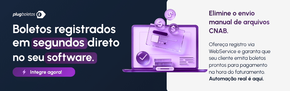 Ilustração de um laptop com moedas e notas voando, promovendo o cadastro de boletos bancários em segundos por meio de um software. O texto destaca a automação, um processo sem a CNAB e a integração com WebService para facilitar o gerenciamento de pagamentos.