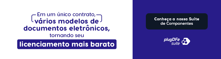 Banner em português com texto: "Em um único contrato, vários modelos de documentos eletrônicos, conforme a Nota Técnica nº 01/2026, tornando seu licenciamento mais barato." Ao lado, caixa escura com "Conheça a nossa Suite de Componentes" e logo "plugDFE Suite".