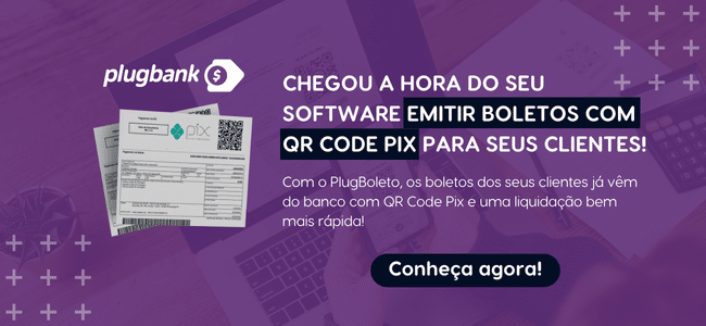 Banner promocional do Plugbank anunciando a emissão de boletos com QR Code Pix via API Financeira com suporte técnico. Ao centro, boleto bancário ilustrativo, ao fundo, elementos gráficos roxos e botão “Conheça agora!”. Solução que evita boleto falso.