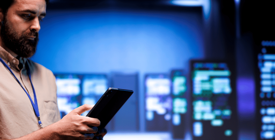 Um homem barbudo usa um tablet em uma sala de servidores mal iluminada, com racks de dados indistintos ao fundo, analisando as operações do sistema sob o Regime Especial.