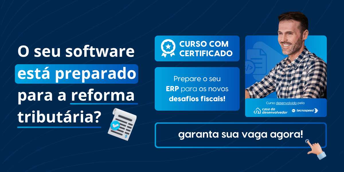 Banner em português sobre reforma tributária e regime especial, com texto “O seu software está preparado para a reforma tributária?” e imagem de homem sorrindo. Ícones de certificado e convite para se inscrever e receber informações fiscais.