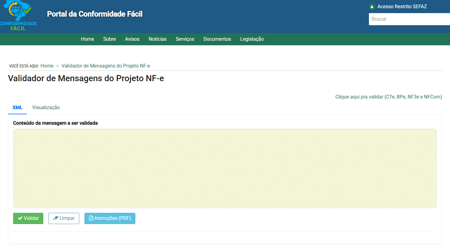Captura de tela da página "Validador de Mensagens do Projeto NF-e" no site Portal da Conformidade Fácil, apresentando o Validador RTC, com campos para carregar e validar arquivos XML, além de botões para validar, limpar e fazer download de instruções.