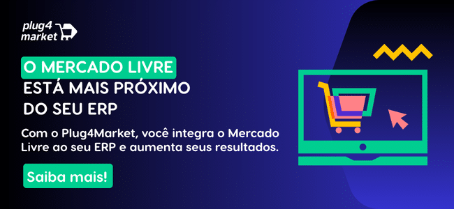 Banner promocional da Plug4Market com fundo azul, imagem de carrinho de compras na tela de computador e textos destacando a Integração Mercado Livre ao ERP da empresa. Botão verde com a frase "Saiba mais!".