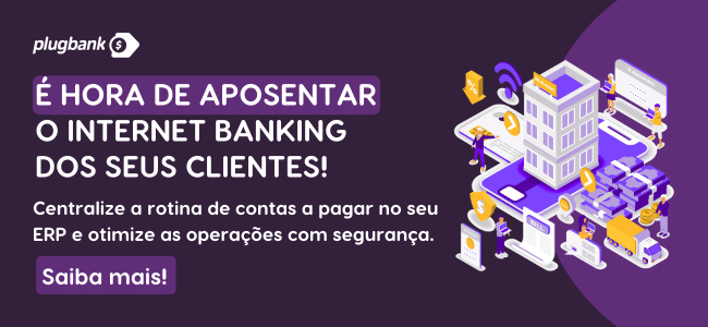 Banner da Plugbank com ilustração de pessoas usando computadores e tablets, gráficos e ícones de tecnologia, ao lado do texto: "É hora de aposentar o internet banking dos seus clientes com Automação de Pagamentos! Saiba mais!".