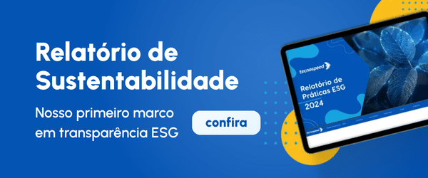 Banner promocional do Relatório de Sustentabilidade TecnoSpeed, destacando "Nosso primeiro marco em transparência ESG", com notebook exibindo a capa e botão "confira".
