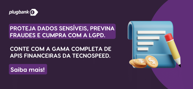 Banner promocional da Plugbank com ícone de recibo, moedas e lápis, destacando proteção financeira de dados sensíveis, prevenção de fraudes e APIs financeiras da Tecnospeed. Saiba mais!.