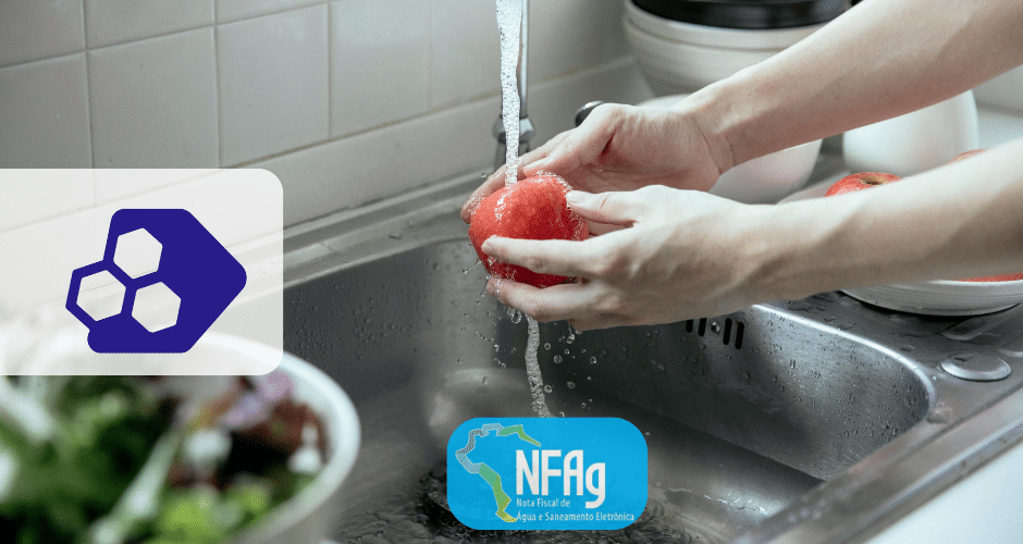 Uma pessoa lava um pimentão vermelho sob água corrente em uma pia de cozinha, com uma saladeira por perto. A imagem exibe dois logotipos, incluindo um rotulado como "NFAg" com um mapa do Brasil.