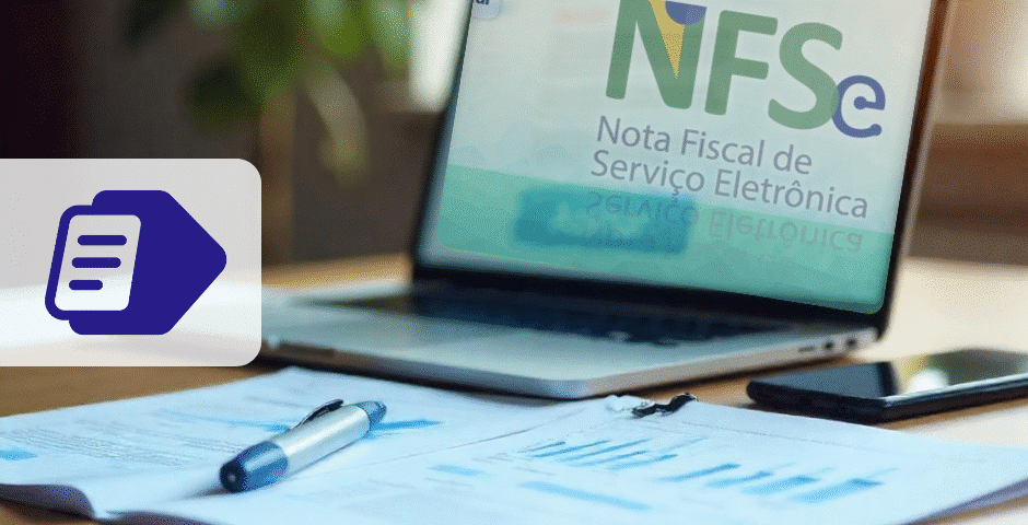 Laptop exibindo "Nota Fiscal de Serviço Eletrônica (NFS-e)" na tela, ao lado de documentos com gráficos e uma caneta sobre uma mesa. Um ícone de documento digital está sobreposto à esquerda, destacando a Adesão NFS-e Nacional.