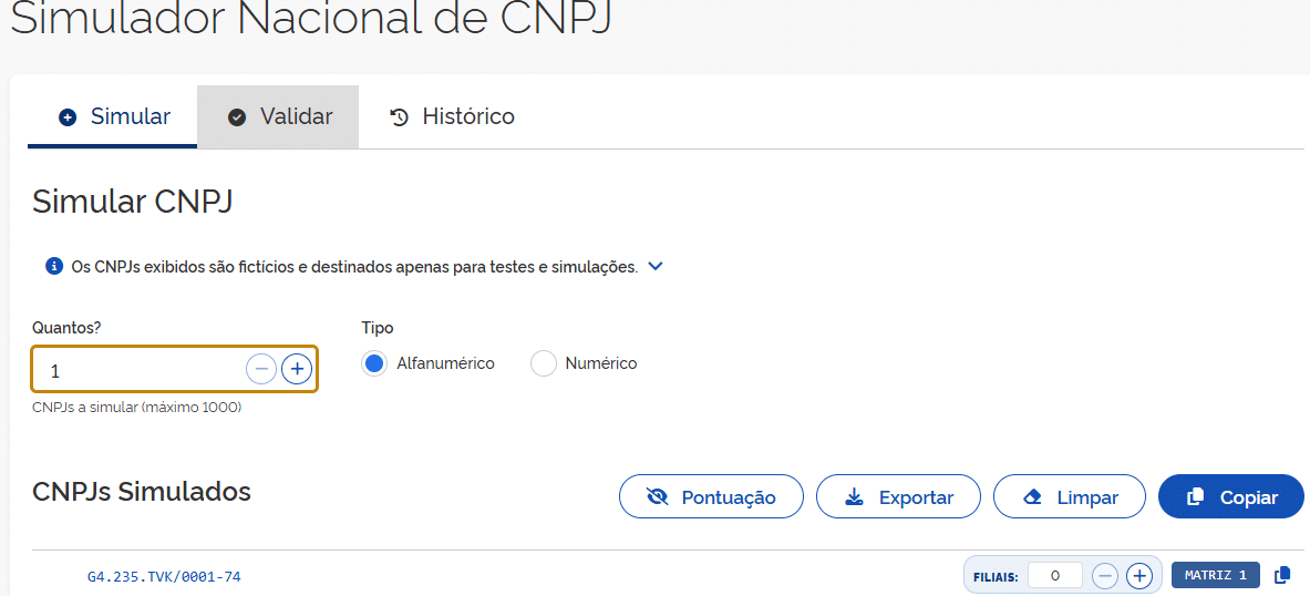 Captura de tela da página da Web do Simulador Nacional de CNPJ mostrando a opção de simular CNPJs, com campos para quantidade, seleção de tipo (incluindo CNPJ alfanumérico) e botões para ações como copiar, limpar, exportar e pontuar.