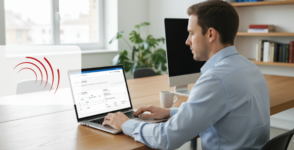 Um homem de camisa azul está sentado em uma mesa, digitando em um laptop que exibe uma Calculadora de Tributos. Ele está em um escritório moderno com prateleiras, plantas e um grande monitor próximo.