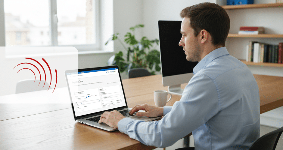 Um homem de camisa azul está sentado em uma mesa, digitando em um laptop que exibe uma Calculadora de Tributos. Ele está em um escritório moderno com prateleiras, plantas e um grande monitor próximo.
