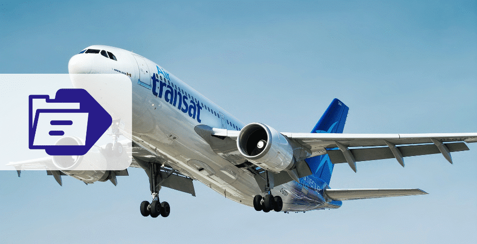 Um grande avião comercial da Air Transat está voando em um céu azul claro. Em primeiro plano, um ícone de pasta digital semitransparente com um símbolo de documento indica as soluções da BP-e Transporte Aéreo.