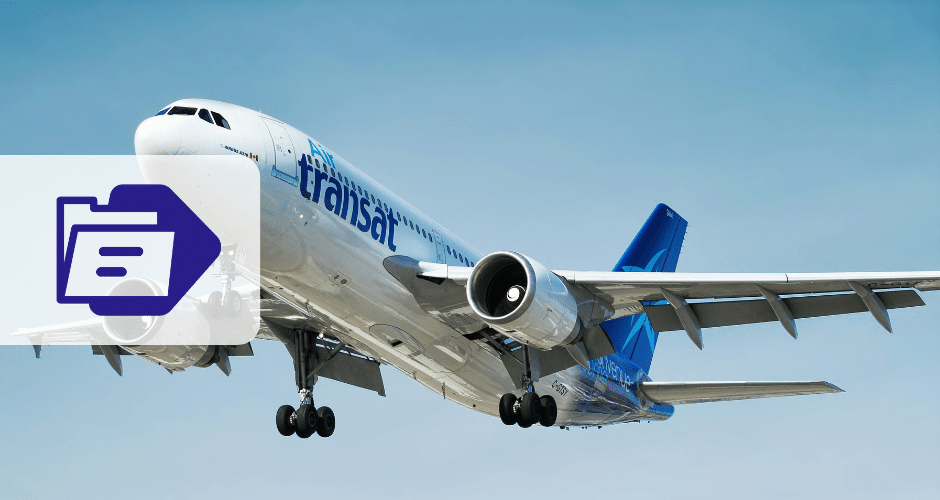 Um grande avião comercial da Air Transat está voando em um céu azul claro. Em primeiro plano, um ícone de pasta digital semitransparente com um símbolo de documento indica as soluções da BP-e Transporte Aéreo.