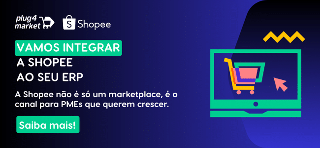 Banner com fundo azul mostrando texto: "Vamos fazer a Integração Shopee ao seu ERP. A Shopee não é apenas um marketplace, é o canal para PMEs que querem crescer." Ao lado, ícone de computador com carrinho de compras e botão "Saiba mais!".