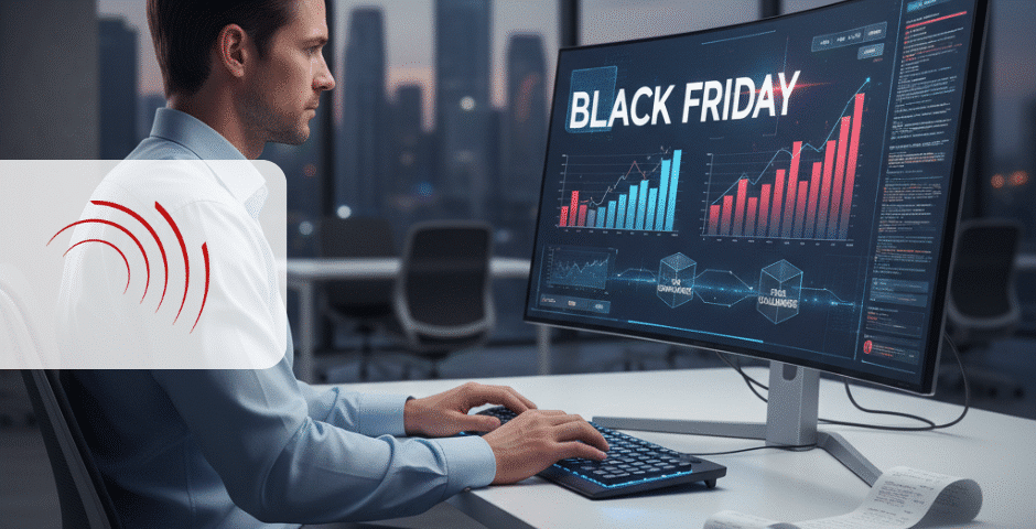 Um homem está sentado em uma mesa de escritório, olhando para um monitor curvo que exibe "Black Friday" e gráficos financeiros coloridos, avaliando desafios fiscais, com uma paisagem urbana visível pela janela atrás dele.