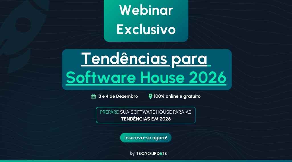 Webinar exclusivo sobre as tendências para Software em 2026, nos dias 3 e 4 de dezembro, evento 100% online e gratuito. Convite para inscrição, organizado por Tecnolupdate, com design em verde e azul escuro.