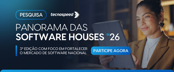 Banner promocional da Pesquisa Panorama das Software Houses 2026 da Tecnospeed, com uma mulher sorrindo enquanto segura um tablet. Botão azul em destaque com o texto "Participe agora".