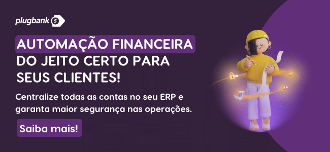 O banner da Plugbank destaca automação financeira, segurança, centralização de contas e boleto registrado no DDA. À direita, ilustração de pessoa segurando moedas com capacete amarelo. Botão "Saiba mais!" em destaque.