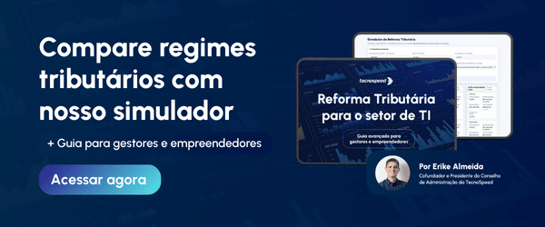 Banner promocional em português com o texto "Compare regimes tributários com nosso simulador + Guia para gestores e empreendedores" e botão "Acessar agora". Inclui imagem de guia sobre reforma tributária no setor de TI e Módulo Administração Tributária.