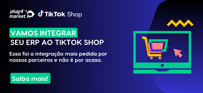 Banner promocional com fundo azul e roxo, logotipos do Plug4Market e TikTok Shop, texto sobre integração TikTok Shop via ERP e ilustração de carrinho de compras em um monitor. Botão verde com "Saiba mais!".