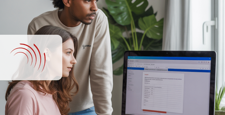 Duas pessoas olham atentamente para uma tela de computador que exibe um formulário de Notas Fiscais de Serviço Eletrônicas. A mulher está sentada, enquanto o homem está ao seu lado. Plantas verdes e uma janela estão ao fundo, com um logotipo translúcido com ondas sonoras sobrepostas.