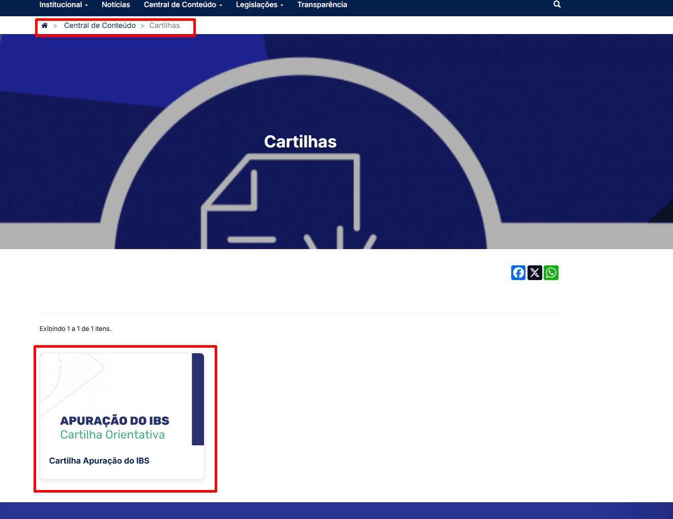 Captura de tela de uma página da Web intitulada "Cartilhas" que apresenta o cartão "APURAÇÃO DO IBS Cartilha Orientativa" com um ícone de documento. Os ícones de compartilhamento de mídia social e os links de navegação aparecem na parte superior.