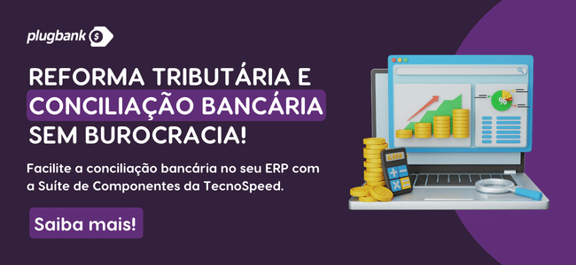 Banner da Plugbank sobre Reforma Tributária e Conciliação Bancária sem burocracia. À direita, ilustração de laptop com gráficos financeiros, moedas e documentos. Texto: "Saiba mais!" em destaque no botão roxo.