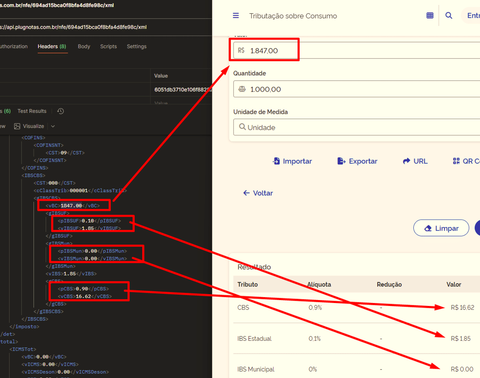 Uma imagem em tela dividida mostra o código HTML à esquerda e uma página da Web de cálculo de impostos da Calculadora RTC à direita. As setas vermelhas conectam os valores do código aos valores monetários e porcentagens correspondentes exibidos na interface da Web.