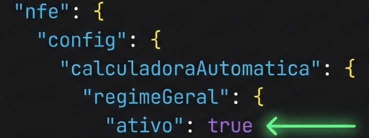 Um trecho de código no formato JSON mostrando chaves aninhadas, com "ativo": true em uma Calculadora RTC destacado por uma seta verde e um brilho.