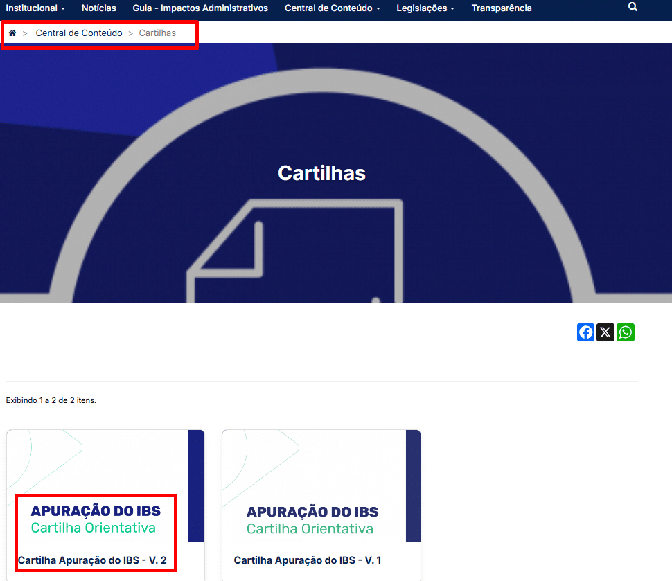 Captura de tela de uma seção do site intitulada "Cartilhas". São mostradas duas capas de cartilhas, com a primeira - "Cartilha Orientativa de Apuração" - em destaque. Os links de navegação estão visÃveis na parte superior.