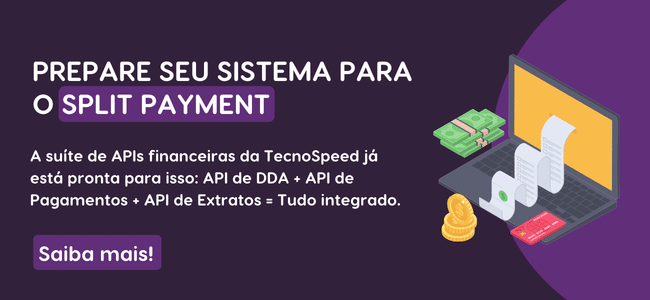 Banner em português promovendo APIs financeiras para Split Payment 2027. Mostra um notebook com gráficos, dinheiro, moedas e cartões, acompanhado de textos explicativos e um botão roxo escrito "Saiba mais!".