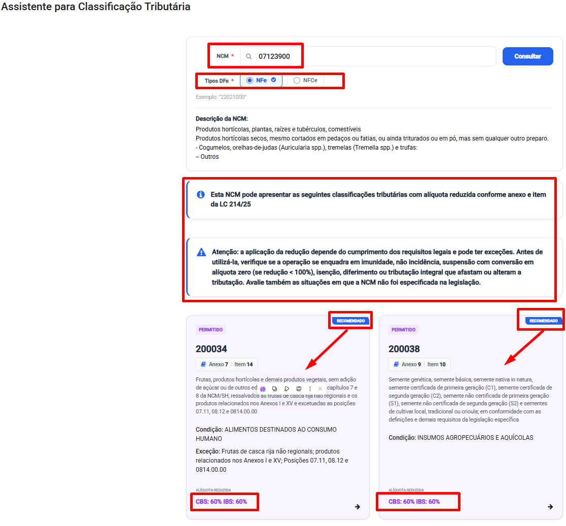 Captura de tela do Assistente da Tabela de Classificação mostrando resultados de pesquisa para o NCM 07123900, com notas destacadas sobre alíquotas reduzidas, exceções e dois códigos sugeridos (200034, 200038) exibindo alíquotas detalhadas (60%, 16%, 4%).