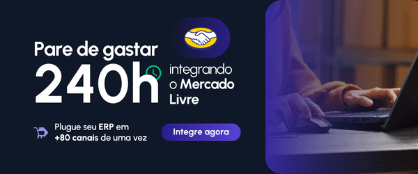 Banner promocional da Plug4Market com fundo azul, imagem de carrinho de compras na tela de computador e textos destacando a Integração Mercado Livre ao ERP da empresa. Botão verde com a frase "Saiba mais!".