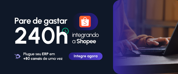 Banner com fundo azul mostrando texto: "Vamos fazer a Integração Shopee ao seu ERP. A Shopee não é apenas um marketplace, é o canal para PMEs que querem crescer." Ao lado, ícone de computador com carrinho de compras e botão "Saiba mais!".
