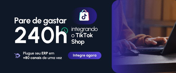 Banner promocional com fundo azul e roxo, logotipos do Plug4Market e TikTok Shop, texto sobre integração TikTok Shop via ERP e ilustração de carrinho de compras em um monitor. Botão verde com "Saiba mais!".