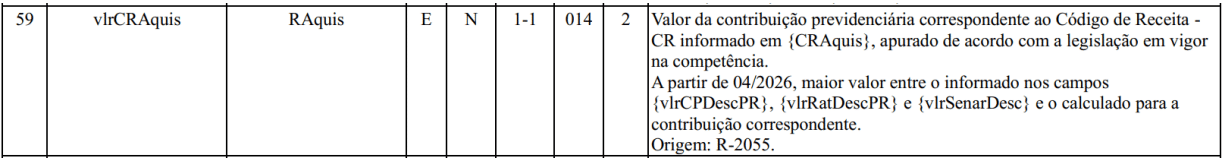 Linha da tabela com colunas mostrando "59", "vlrCRAquis", "R.Aquis", "E", "N", "1", "04", "2" e uma descrição em português sobre valor de contribuição previdenciária conforme legislação e EFD-Reinf: Nota Técnica nº 01/2026.