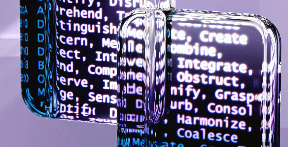 Um close-up de superfícies de vidro refletivo mostra códigos de programação distorcidos e brilhantemente iluminados e palavras como "Criar", "Combinar", "Integrar" e "transformar XML em SPED" em branco sobre um fundo escuro.